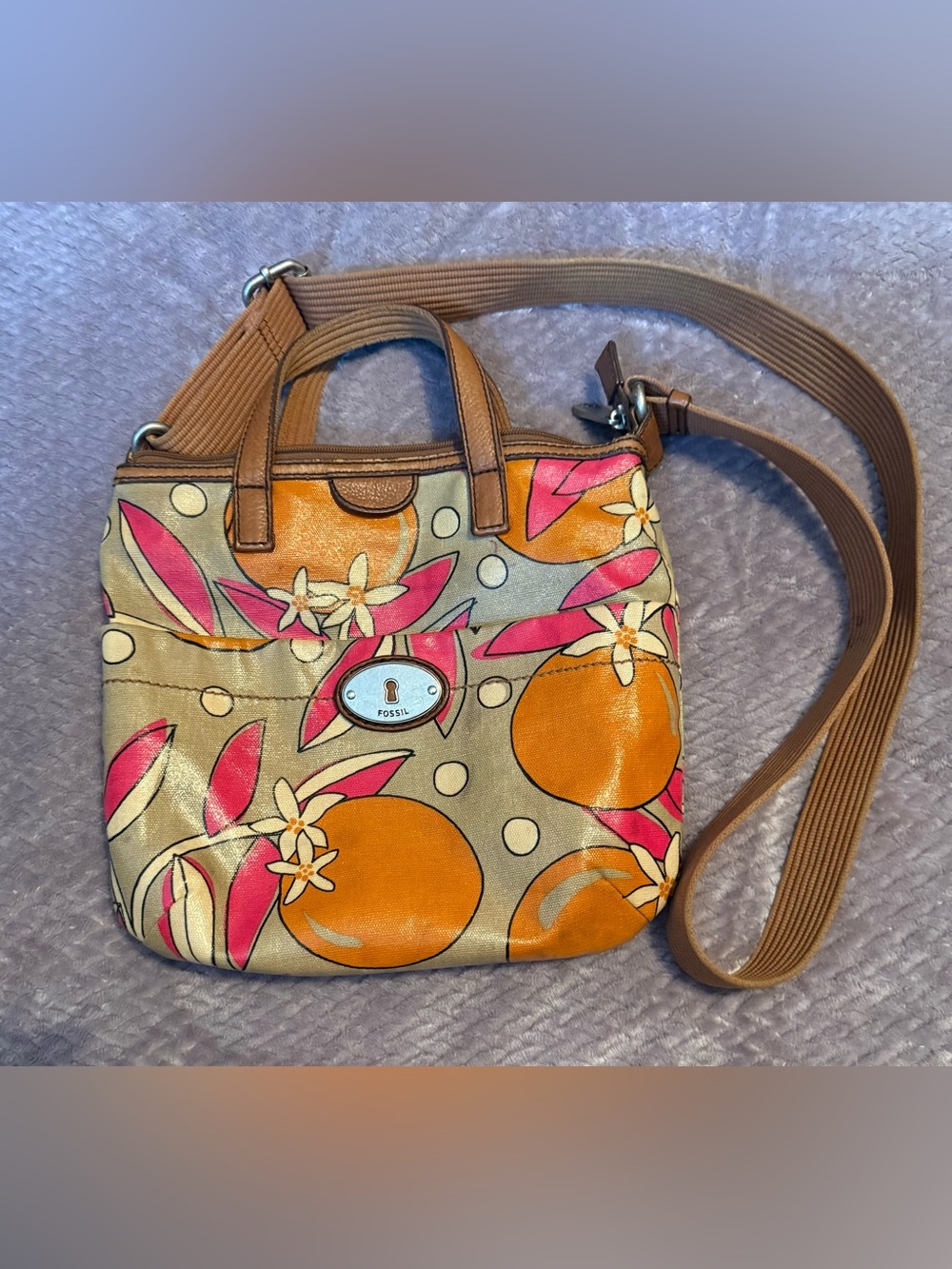 Vintage Y2KFossil Beige Canvas Crossbody with Orange Fruit & Pink Floral Accents